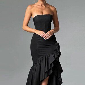 Strapless Ruffle High-Low Bodycon Dress | Sheath Solid Tiered Dress